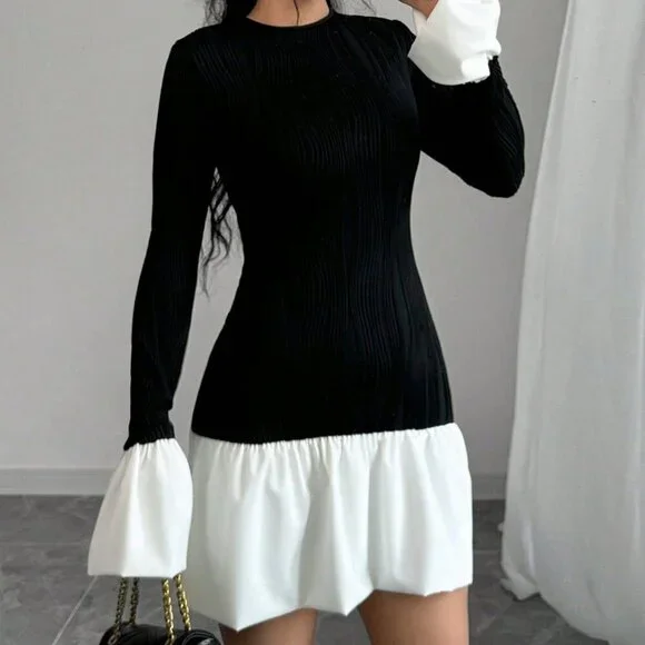 Black And White Elegant Women's Romantic Round Neck Contrast Color Dress - Picture 1 of 5